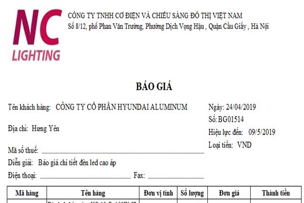 báo giá chi tiết cho từng vật tư chiếu sáng