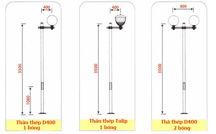 Cột sân vườn thân thép kiểu 1 bóng và 2 bóng 
