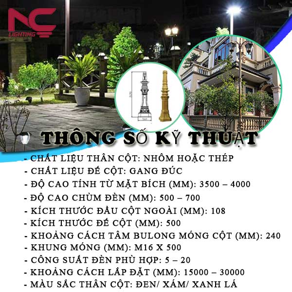 Thông số kỹ thuật cột đèn sân vường,  cột đèn trang trí nhà biệt thự