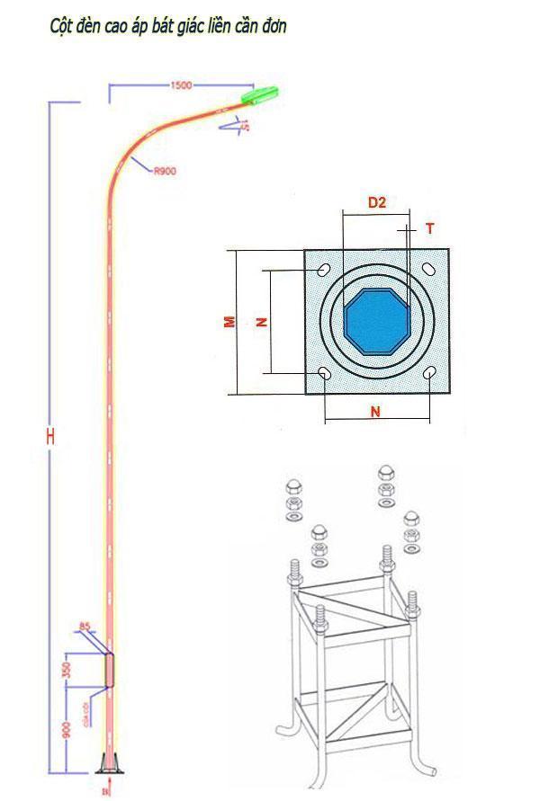 Bản vẽ chi tiết cột đèn bát giác liền cần đơn