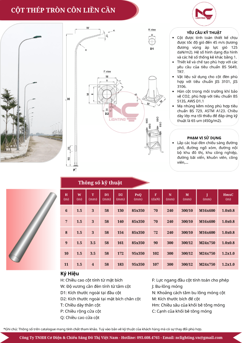 catalogue cột đèn tròn côn liền cần